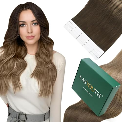Easyouth Invisible Tape in Extensions Echthaar Balayage Darkest Brown Tape Extensions Echthaar Mittelbraun und Aschblond Tape in Echthaar Ombre #2/6/18 45 cm 40g 20pcs