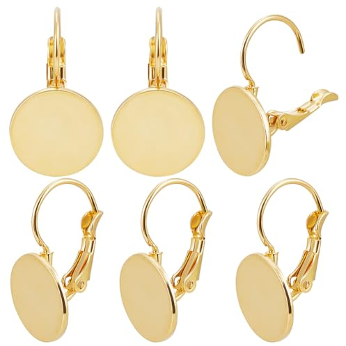 Beebeecraft 30 Pezzi Accessori per Orecchini A Monachella in Ottone Placcato Oro 18K con Vassoio con Lunetta e Impostazione Rotonda e Piatta per Cabochon