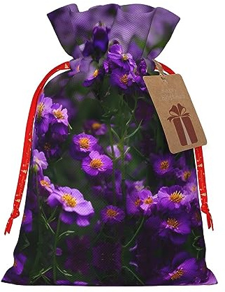 ZISHAK Blühende lila Blüten, zarte Jute, Geschenktüte mit Kordelzug, handwerklicher Stoff, Geschenktasche, perfekt für Weihnachten