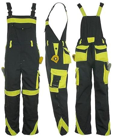 Agritrade AK Men's Workwear Work Trousers VIS Grey-Yellow Bib & Brace Overalls Dungarees Multi Pocket (30-32 inch)
