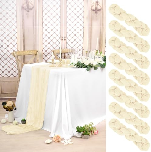 Pesonlook 8 Stück Käsetuch Tischläufer Beige Lang, 90 x 300 cm | 3 m lang, Rustikaler Gaze Stoff Boho halbtransparent Hochzeits Seihtuch Tischläufer für Hochzeit, Party, Brautparty，Bankett