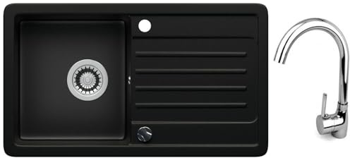 LINDBERGH® Küchen Granit-Spüle Schwarz VEL44 + 1-Helia Siphon, Verbundstoffe Made in Germany, Spülen Küche Küchenspüle Spülbecken Kitchen Waschbecken Sinks Einbauspüle, inkl. Imprägnierung