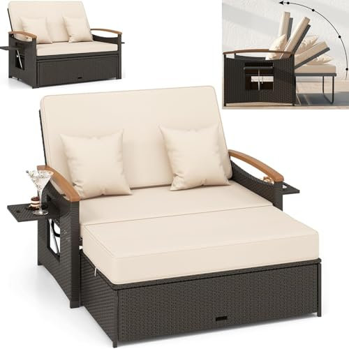 GYMAX 3 in1 Rattan Sofabett Gartenliege, Doppel Sonnenliege mit ausziehbarer Seitenablage & Hocker, Tagesbett mit 4-stufig Verstellbarer Rückenlehne & Kissen, Garten Lounge 2 Sitzer (Beige)