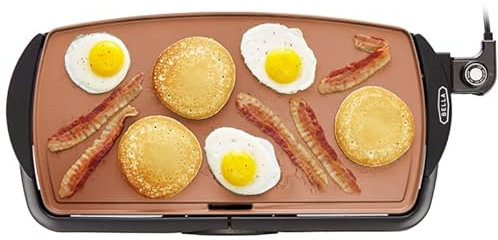BELLA Electric Griddle, Ceramic Titanium Non-stick Coating, Large Submersible Cooking Surface and Removable Fat Drip Tray, Adjustable Temperature, PTFE and PFOA free, 27cm x 51cm, Copper