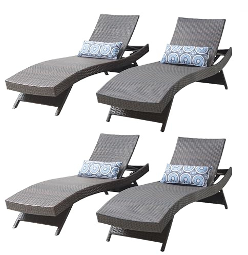 Summax 79'' Long Reclining Chair Set of 4, Chaise Longue, PE Rattan Chaise Lawn Sunbathing Chairs for Patio, Poolside, Lawn, Garden, Brown