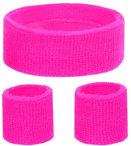 KarneLux Neon Schweißbänder Set - Retro 80er 90er Outfit Vokuhila Zubehör mit Armbänder und Stirnband - Kostüm Accessoire für Damen und Herren (Neon Pink)