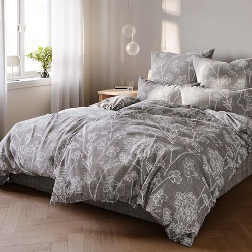Pure Label Blumen Bettwäsche 4teilig 135x200 cm mit einem 2er Set Kissenbezüge 40x80 cm - Traumhaft weiches Bettwäsche-Sets 135 x 200 cm in Taupe aus 100% Baumwolle mit YKK Reißverschluss