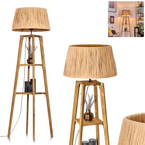 Granja Floor lamp, Wooden/Bast Floor lamp in Natural Colours, Scandinavian Design with Round Shade (Ø 45 cm), Storage Surfaces and Foot Switch, Height 148 cm, 1 x E27, Without Light Source