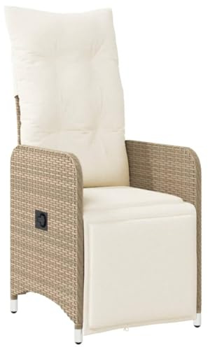 vidaXL Gartensessel mit Kissen, Verstellbar Gartenstuhl mit Stahlrahmen, Loungesessel für Außenbereich, Relaxsessel, Beige Poly Rattan