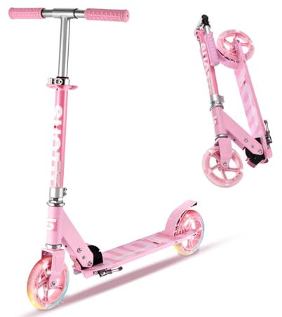 SUOTU Roller Kinder mit 145 mm Rollen, Scooter mit Leuchtrad für 3-12 Jahren, Zusammenklappbarer, Höhenverstellbarer, Cityroller for Boys and Girls, Aluminium (Rosa)