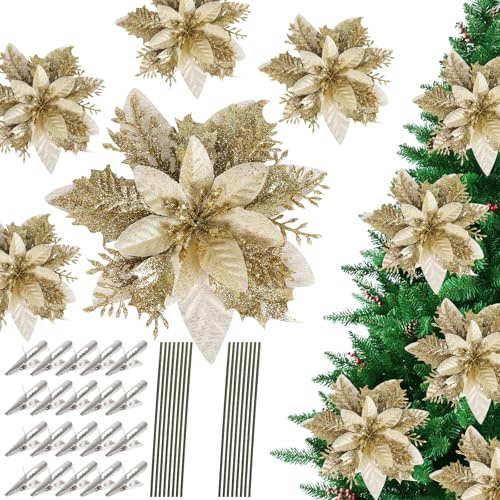 SULOLI 12 Pezzi Fiori per Albero Natale,Fiore Artificiali con Clip