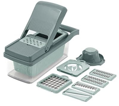 Gourmet Kitchen 12-Piece Vegetable Chopper, Spiralizer, Slicer – Multi-Functional Chopper & Slicer with 7 Blades, Food Storage Container and Hand Guard – Ideal for Vegetables, Fruits & More - Teal