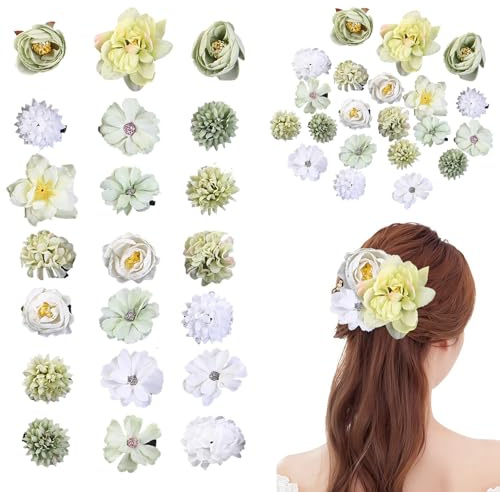 Artificielle Fleur Pinces à Cheveux,21 PCS Hawaii Barrette Fleur Pince Cheveux Femme,Hair Clips Multicolore,Epingle à Cheveux pour les Filles pour la Décoration de Mariage et de Fête(Vert Blanc)