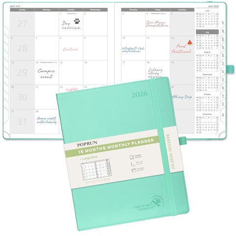 POPRUN Kalender 2025-2026, 26,5 x 21,5 cm, Monatsplaner, 26,5 x 21,5 cm, Monatsplaner, PU-Leder, Softcover, Sonntagsbeginn, Monatsanleitung (mintgrün)