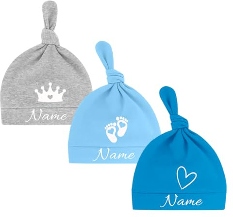 Ahoiikids Personalisierte Baby Mütze aus Baumwolle – Knoten Beanie mit Namen unf Motiv – Für Neugeborene