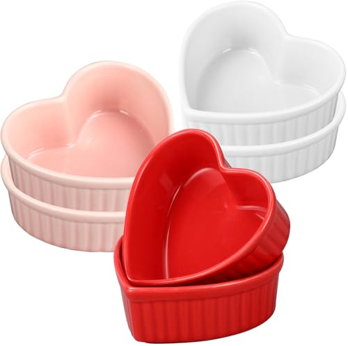 6 Pcs Heart Shaped Ramekins Ceramic Ramekins 6 Oz Oven Safe Creme Brulee Dishes Small Baking Ramekin Bowls for Kitchen Party Snack Serving Dip Sauce Condiments (Red, Pink, White)