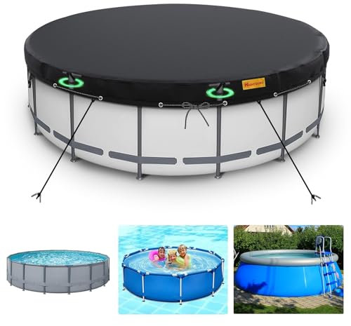 HIGHTQURO 12Ft Round Pool Cover,Heavy Duty Waterproof Round Pool Covers for Above Ground Pools with Ground Nails and Windproof Ropes,Increase Stability&Tear-Resistant, Waterproof and Dustproof, Black