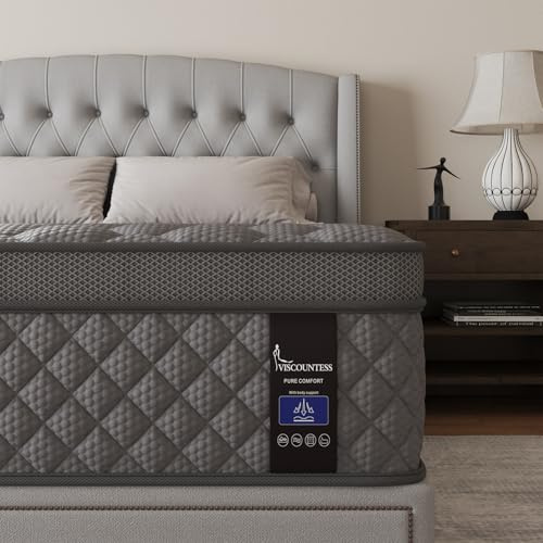 VISCOUNTESS Full Mattress, 10 Inch Euro Top Mattress Grey Hybrid Medium Firm for Back & Lumbar Support, 100 Night Trial, Individual Pocket Spring for Motion Isolation & Pressure Relief