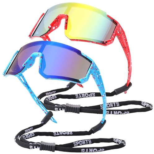 LIU·WEN Occhiali da sole da baseball con cinturino per ragazzi e ragazze dai 4 ai 12 anni, leggeri, per ciclismo, sport, occhiali da sole, B2 rosso/arancione a specchio + blu/blu a specchio, Medium