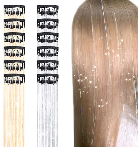12 Stück Hair Tinsel Clip In Glitzer Haarsträhnen Lametta Haarsträhnen zum Einklipsen,Glänzende Haarlametta,Modische Glitzer Strähnen Haare,Geeignet für Damen,Mädchen und Kinder (Gold, Silber)