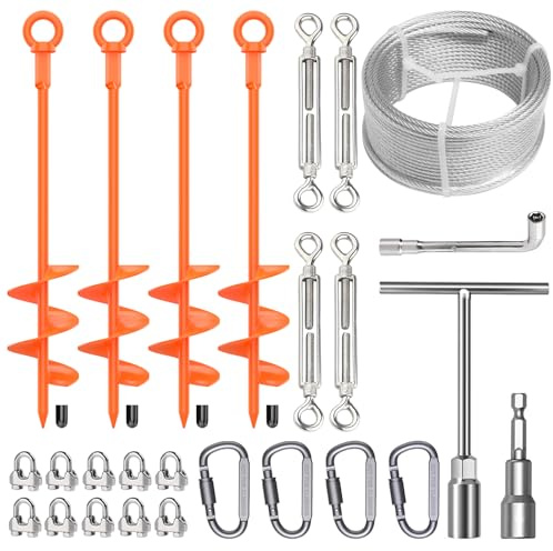 4 Pcs 18 Fully Welded Ground Anchors Shed Anchors Kit with 1/8 Galvanized Cable & Turnbuckles & Carabiners, Heavy Duty Earth Anchors for Sheds Trees Trampoline Greenhouse Swing Set Tent (Orange)