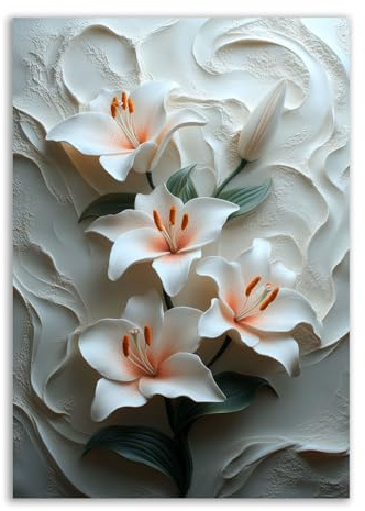 TERUEA La Beauté de la Fleur Prêt Suspendu Peinture de Plante Tableau pour Art Déco Murale Salle de Bain Cadeau Anniversaire Lys en plâtre réaliste (Blanc)-80x120cm1 Sans cadre