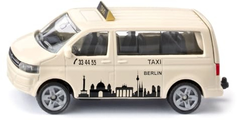 Siku 1555, VW T5 Großraumtaxi, Metall/Kunststoff, Beige, Spielzeugauto für Kinder, Berlin-Bedruckung, Gummireifen, Heckklappe zum Öffnen
