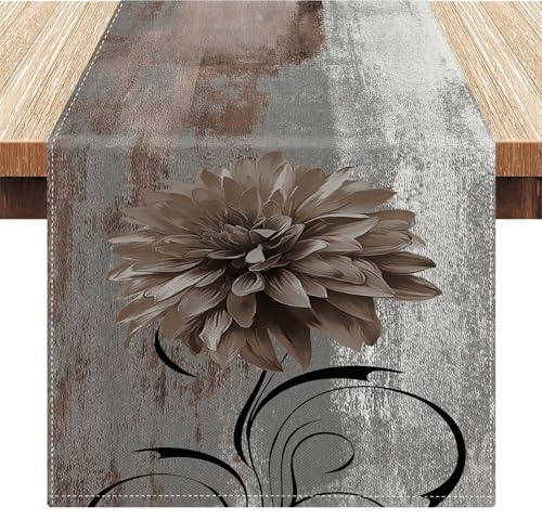 Tischläufer Moderne Grau Blume Tischdecke Abstrakte Kunstmalerei Dahlie Blumen Tischläufer Leinen für Weihnachten Feiertage Küche Bankett Esszimmer 40x140cm Herbst Boho Party Deko