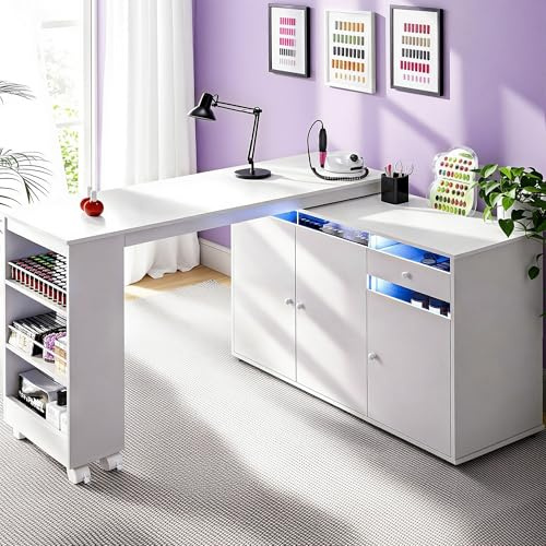 HolaiNail L-Shaped Manicure Table with Storage Cabinet, Drawer & Shelf, Rotating & Convertible Nail Tech Desk, Modern Nail Salon Table with LED Light, White