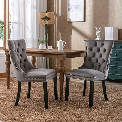 FINTHOMING Esszimmerstühle 2er Set, Küchenstühle 2er Set, Tufted Hoher Rücken Stühle, Samt Weich Gepolstert Essstuhl mit Holzbeinen, Nieten Dekoration, Belastbarkeit 130kg