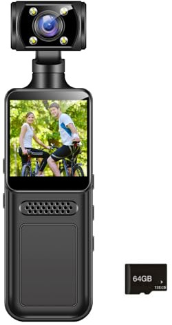 Aurgiarme Caméra de sport portable 4 K à 180 degrés avec écran LCD de poche, caméscope de voyage, vélo, corps portable