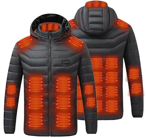 Men's Heated Down Jacket with 29 Heating Zones Winter Hooded Heated Outerwear Waterproof Windproof Electric Coat Body Warmer Full Zip USB Charging Heated Jackets for Fishing and Motorcycle,Skiing