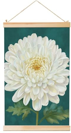 Woshuwo White Chrysanthemum Flower Botanical Linen Hanging Painting, Linen Wall Art Home Art Piece Modern Artwork Farmhouse Decor 40x60 Cm