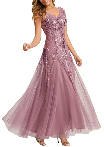 Ever-Pretty Women's Sequin Evening Gown with Cap Sleeve V-Neck Tulle Dress for Formal Wedding Guest Party Dresses Orchid 14