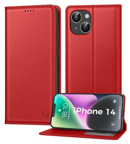 Kirnntca Handyhülle für iPhone 14 Hülle, Kartenfach Premium PU Leder Klapphülle Schutzhülle, Standfunktion Tasche Flip Case für iPhone 14 - Rot