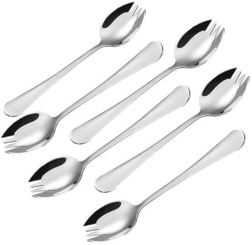 6 cucharas de ensalada, tenedor de cuchara de acero inoxidable con mango largo, postres de frutas, tenedores de fideos de arroz, cucharas y tenedores multifuncionales, apto para lavavajillas, color