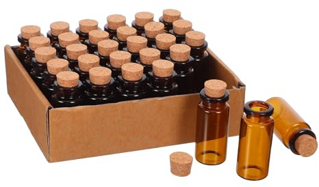 DIYEAH Botellas de Vidrio Ámbar 10 Ml Tapón de Corcho, Set de 30 Piezas, Pequeñas para Mensajes, Aceites Esenciales y Decoración en Bodas y Fiestas