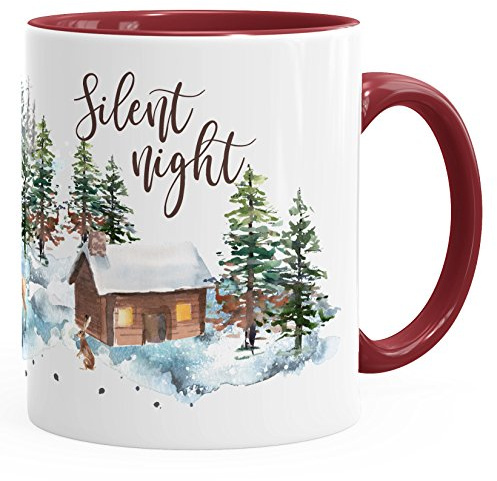 Autiga Tasse Weihnachten Winter Schnee Silent Night Christmas Weihnachts-Tase Kaffeetasse Teetasse Keramiktasse Bordeauxrot unisize