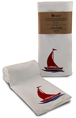 Ebsem Marine Style Hand Dish Towel 2 Pieces Set Premium Quality Turkish Towels Super Soft, Plush and Highly Absorbent Hammam Gym Nautical Yacht Boat Designed (White, Boat & Wave)