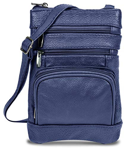 Maze Exclusive Womens Genuine Leather Cross Body Handbag Purse Messenger Bag with Multi-Pockets, Adjustable Strap (Plus Navy)