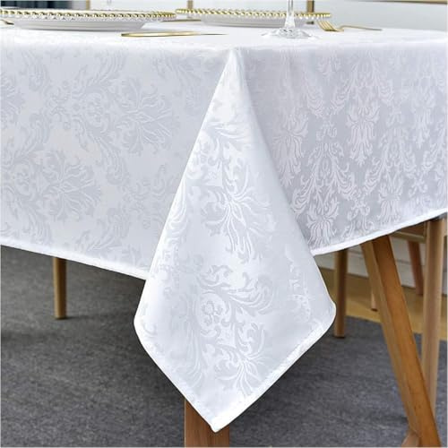 Rechteckige Tischdecke - 152 x 305 cm, Weiße Damast-Tischdecke, Jacquard-Design, Auslaufsicher, Knitterfrei, Wasserdicht, Weiche Polyester-Tischdecke für Küche, Partys, Tischplatte
