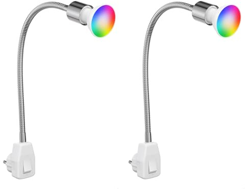 ledscom.de 2x Steckdosenlampe LESCH Leselampe Schwanenhals, Schalter, Chrom inkl. Smart Home RGBW GU10 LED Lampe, 5,41W, 473lm