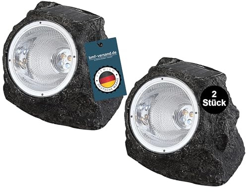 bmf-versand® 2er Set LED Garten Solarsteine Grau - Solarlampen für Außen klein - Deko Stein mit led - leuchtender Solarstein mit LED wetterfest - Wegeleuchten und Außenbeleuchtung - Solarleuchte