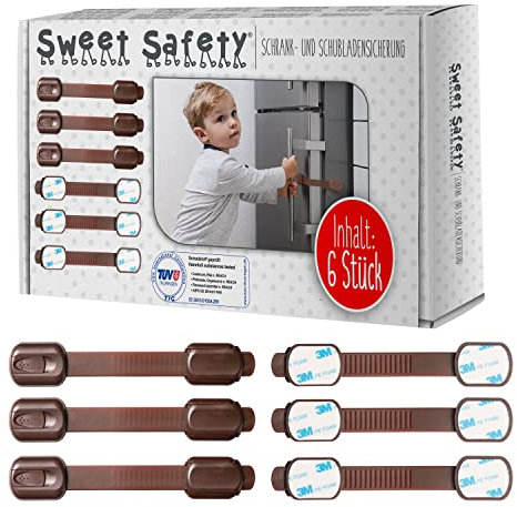 Sweet Safety 6 x TÜV Schadstoff geprüfte Schubladensicherung Baby in braun | Baby Kindersicherung ohne Bohren | Schrankschloss zum Kleben für Kinder | Schloss für Schränke und Schublade