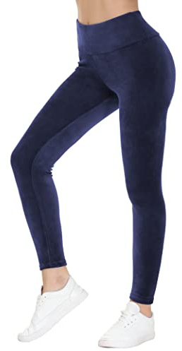 COZZIPLUS Women's High Waisted Velour Leggings Soft Stretch Pants Navy