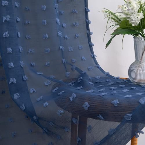 Vorhänge für Schlafzimmer, Jungen, Kinderzimmer, Boho-Dekor, rückseitige Stangenschlaufen, Pompons, strukturiert, halbdurchsichtig, 2 Paneele, 213 cm lang, Indigo, Königsblau, Marineblau