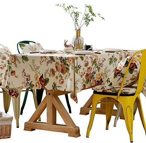 HeichkelL Landhausstil Tischdecke Abwaschbar Baumwolle Tischtuch Bedrukt Rechteckig Tischdecke mit Farbige Blumen und Blätter Beige 90 x 135 cm