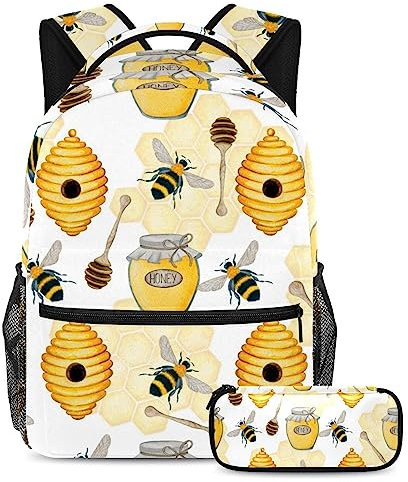VAPOKF Ensemble de cartables pour adolescents, filles, garçons, étudiants, sac à dos, sac à dos avec trousse pour l'école – abeilles, miel, cuillère et ruche, multicolore, Taille unique, Ensembles de