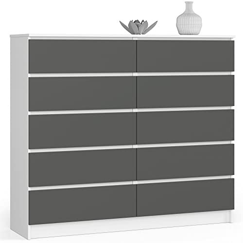 AKORD Kommode K 140 cm | 10 Schubladen | für Wohnzimmer Schlafzimmer Schrank Arbeitszimmer | Modernes Funktionales Design | Schichtstoffplatte 16mm Farbe: Weiß/Graphitgrau