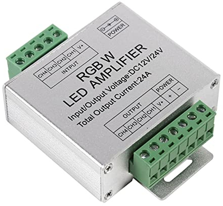 ANKROYU Amplificatore LED RGBW, Amplificatore di Controllo della Luce di Striscia RGBW 12-24V 24a Circuito di Uscita a 4 Canali Guscio in Alluminio Indirizzabile per Esposizione di Eventi Festivi